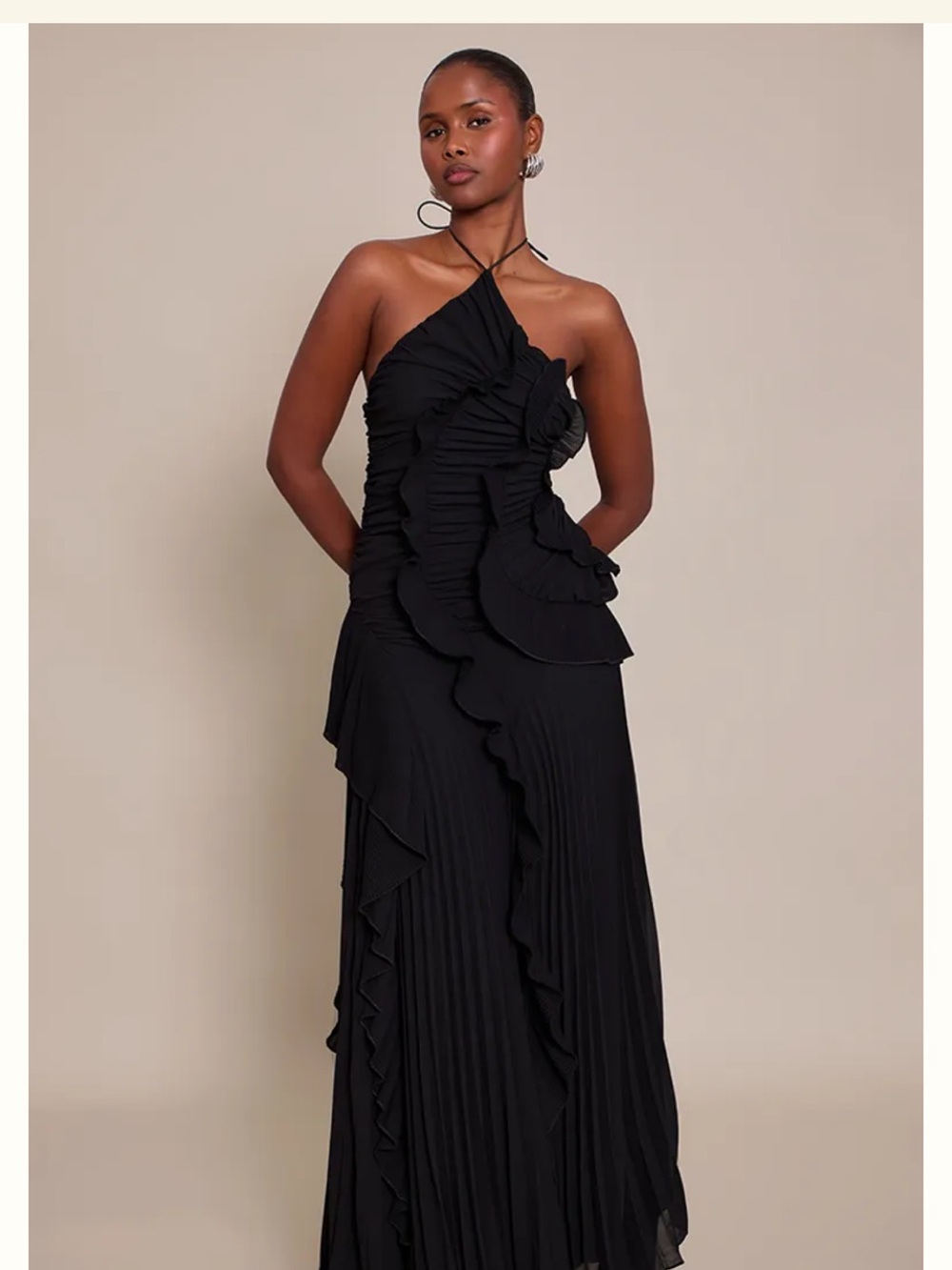 PrettyLittleThing Black One-Shoulder Ruffle Maxi Gown